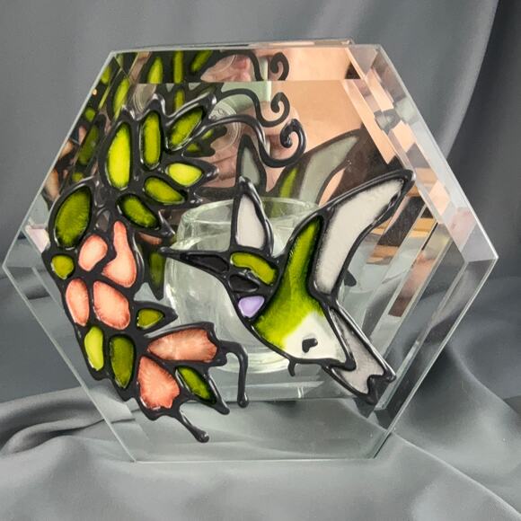 Vintage Stained Glass Votive Hummingbird Mirror Floral Tealight 5x5 - Picture 1 of 7